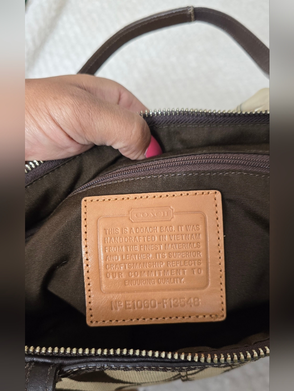 Coach Signature Stripe Canvas Tote Bag Brown Khaki Leather Trim Zip Top - Picture 5 of 11